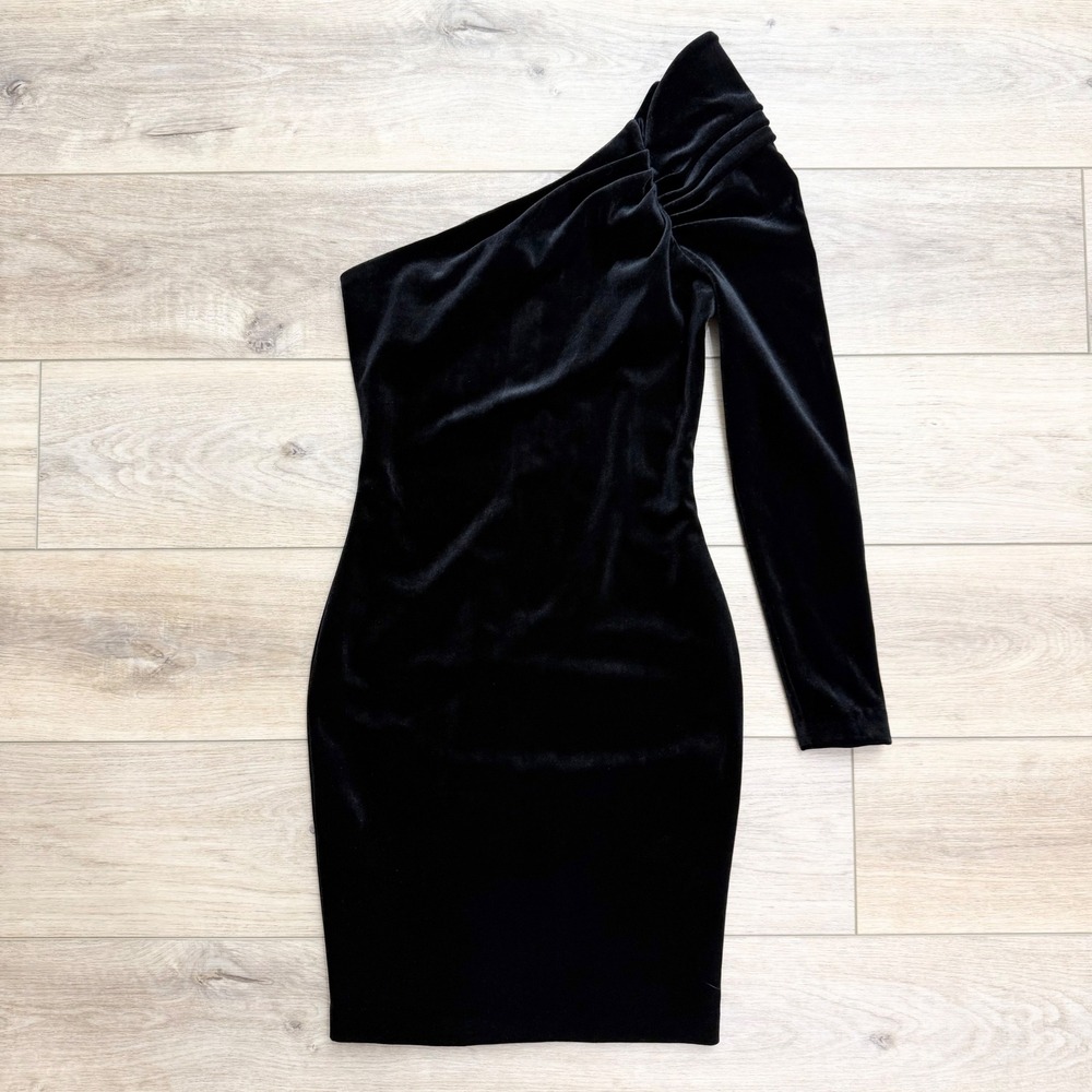 Ted Baker Black Velvet One Shoulder Sleeve Modern Minimalist Cocktail Dress Sz 1 - Picture 2 of 12